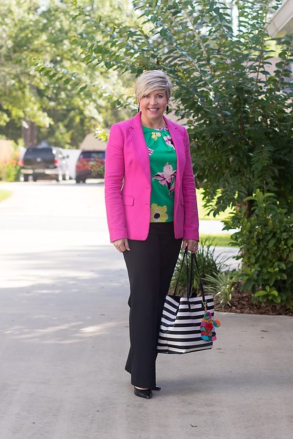 green floral top, summer brights, summer office outfit
