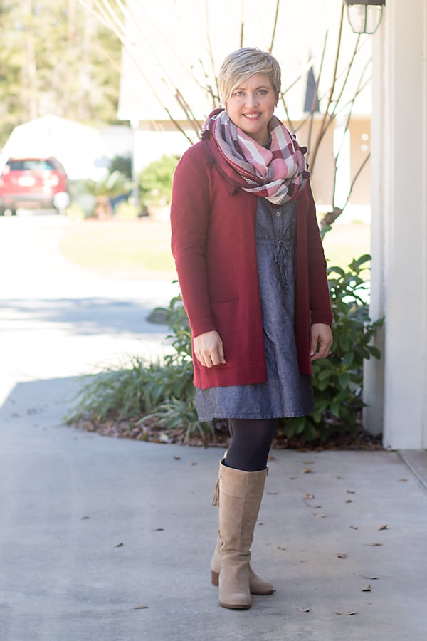 tall taupe boots with chambray dress