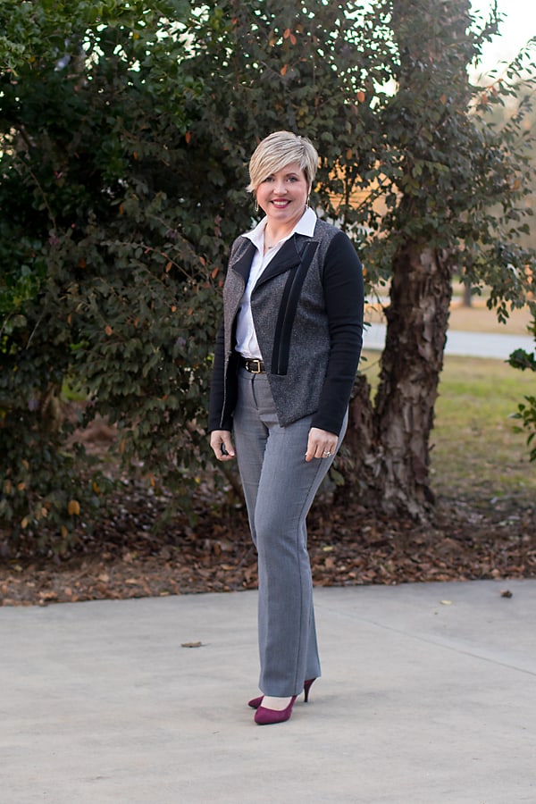 Savvy Southern Chic is white button up with moto blazer, glen plaid trousers, and burgundy pumps.