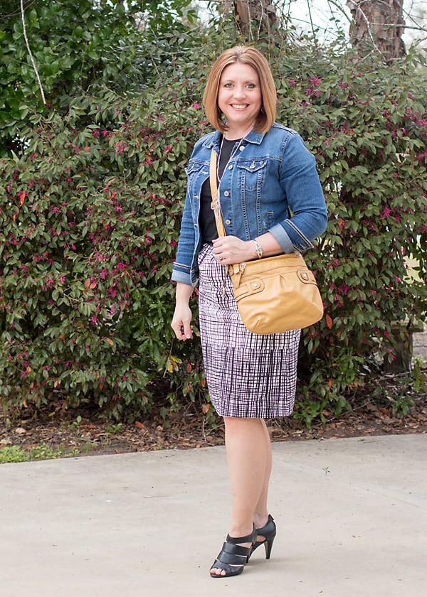 denim jacket for spring with skirt and tee