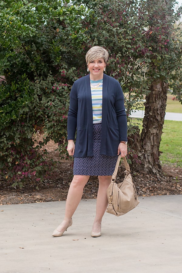 cardigan with striped tee and print pencil skirt spring outfit