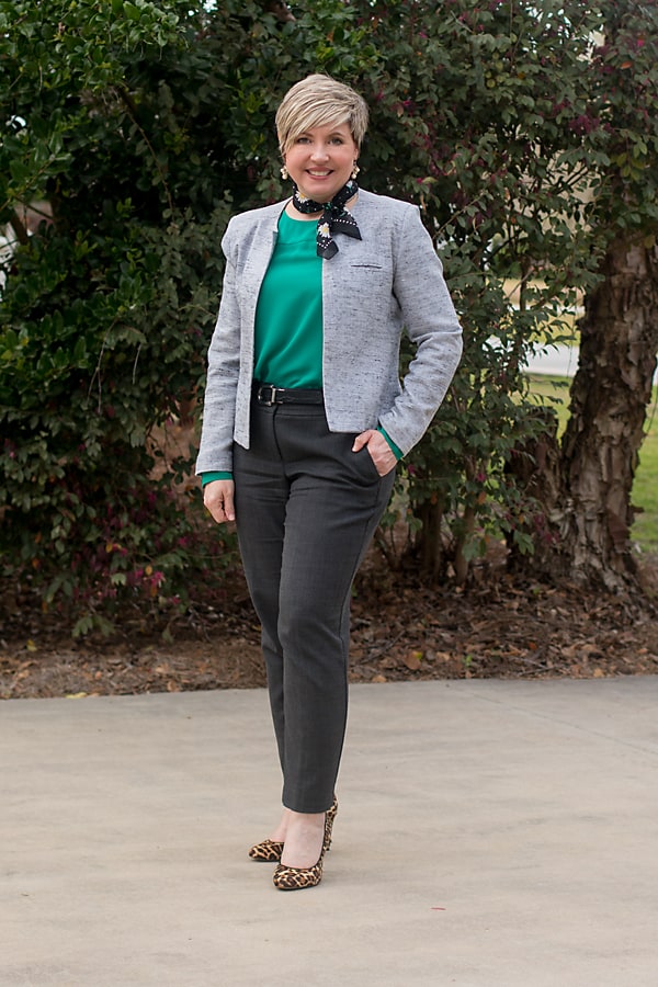 women's spring office attire/ green blouse with grey ankle pants