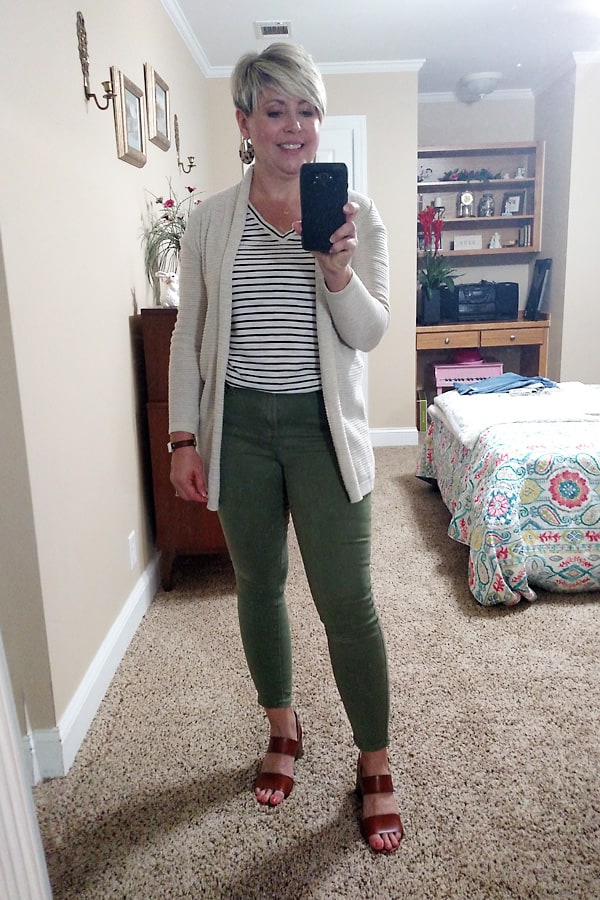 striped tee with olive jeans