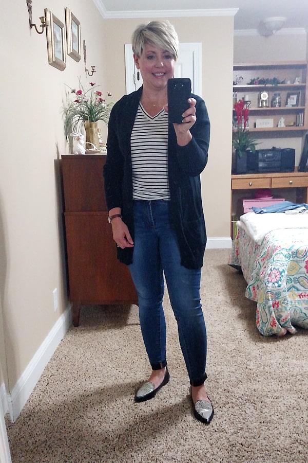 striped tee with cardigan and loafers