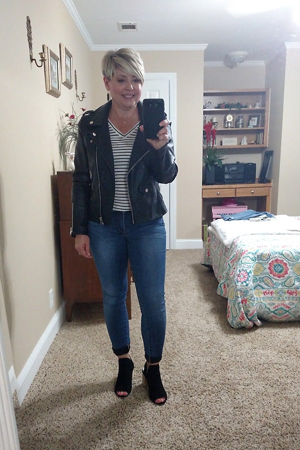 moto jacket with striped tee