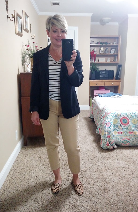 striped tee with blazer