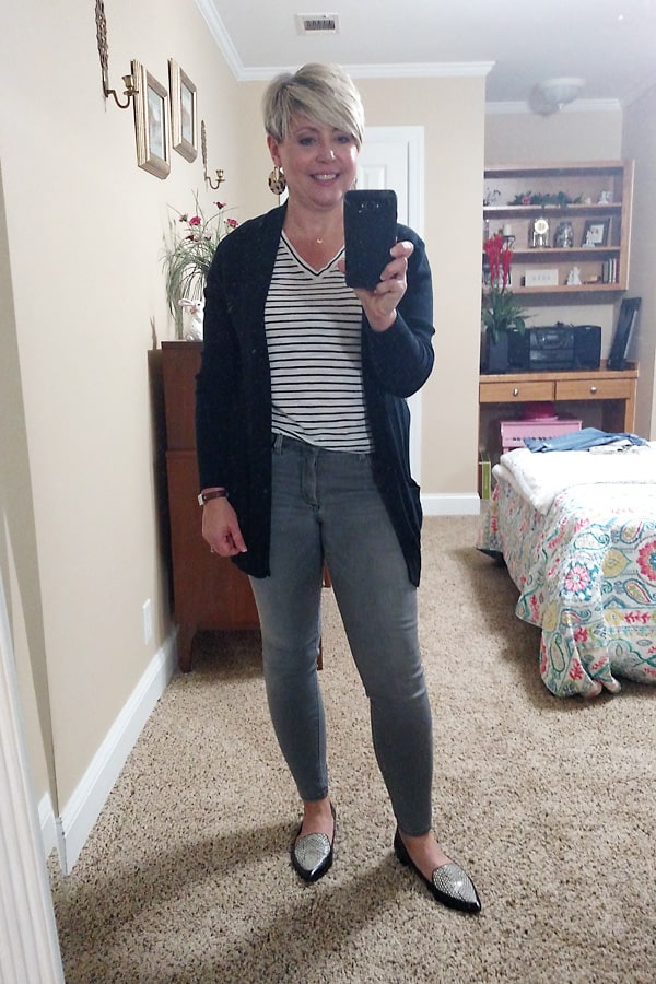 striped tee with cardigan and loafers