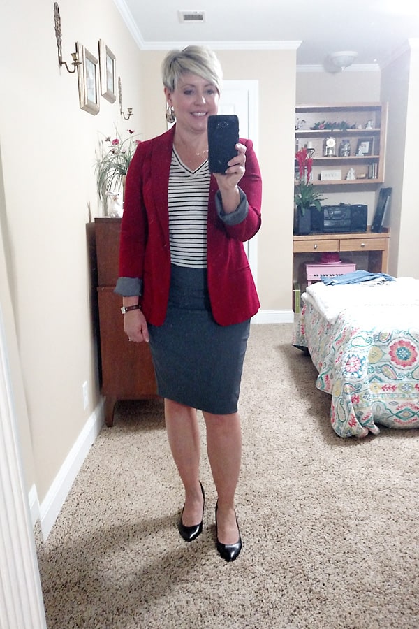 striped tee with blazer and skirt