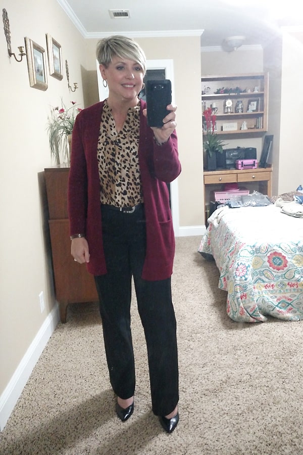 office outfit with cardigan and leopard top