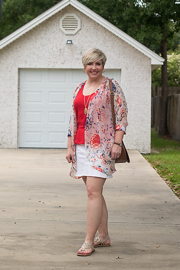 kimono with white denim skirt