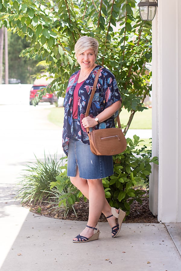 kimono with denim skirt