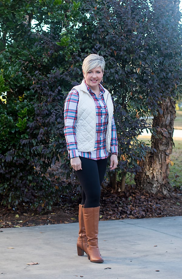 plaid shirt and leggings with tall boots
