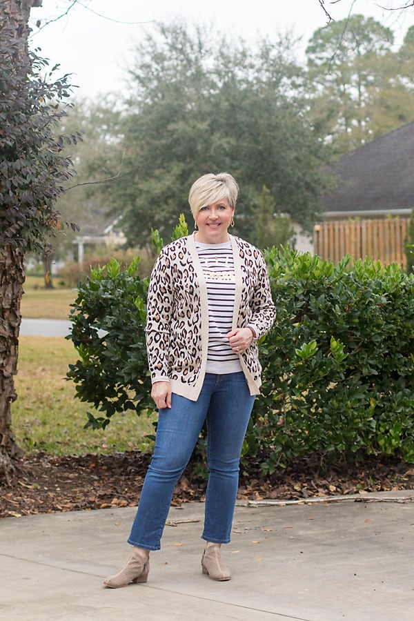 leopard print cardigan with jeans and sweatshirt