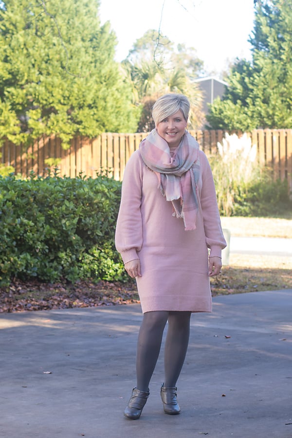 sweater dress with plaid scarf