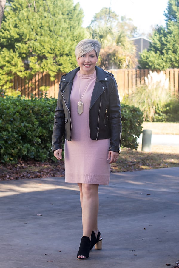 sweater dress with moto jacket