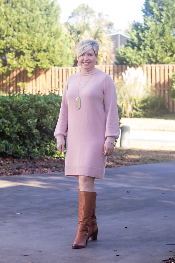 sweater dress and tall boots