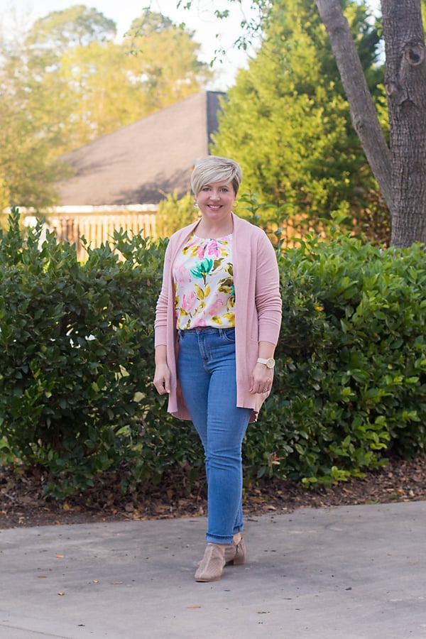 spring outfit with blush cardigan