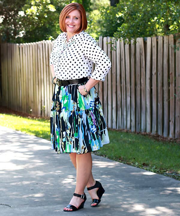 polka dot popover with floral skirt pattern mixing