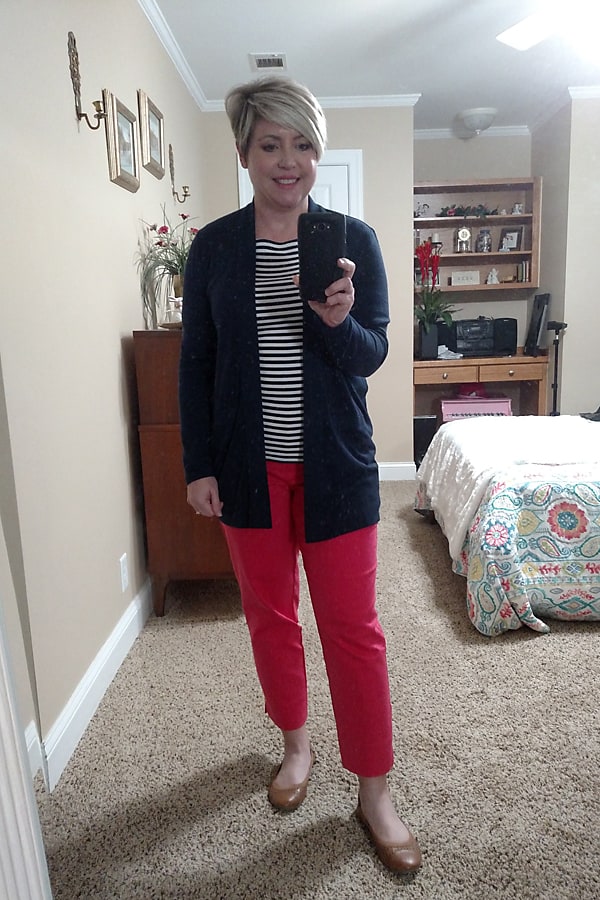 striped top with bright pants/ spring stay at home outfit/ work from home