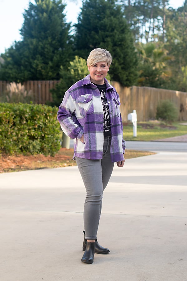 purple plaid shacket shirt jacket with band tee