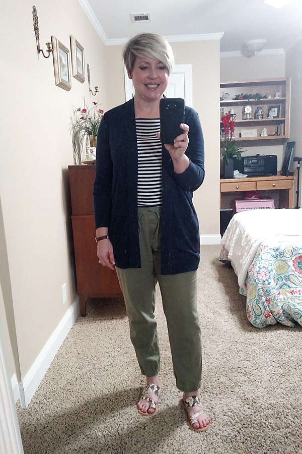 striped shirt with joggers work at home outfit