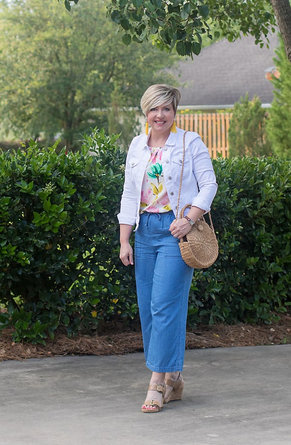 wide leg chambray pants and white denim jacket outfit