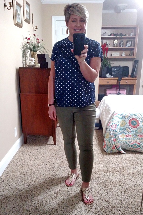 casual work at home outfit with polka dot top