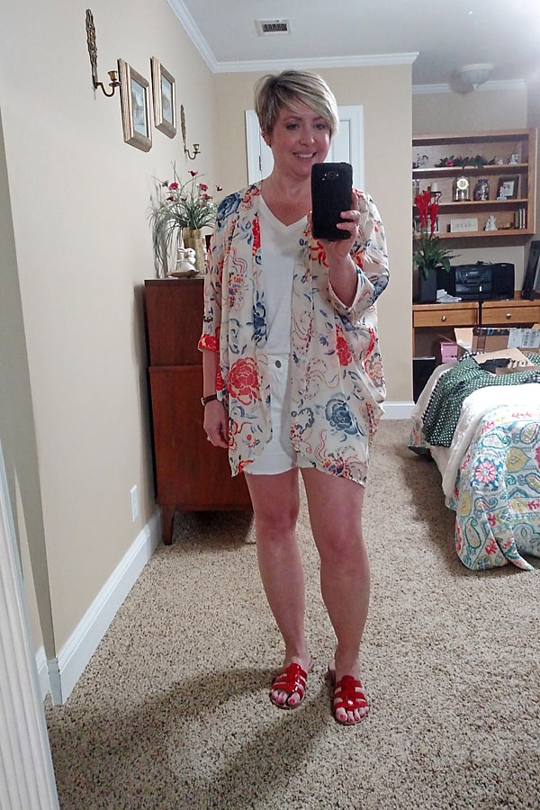 casual summer outfit with kimono and shorts