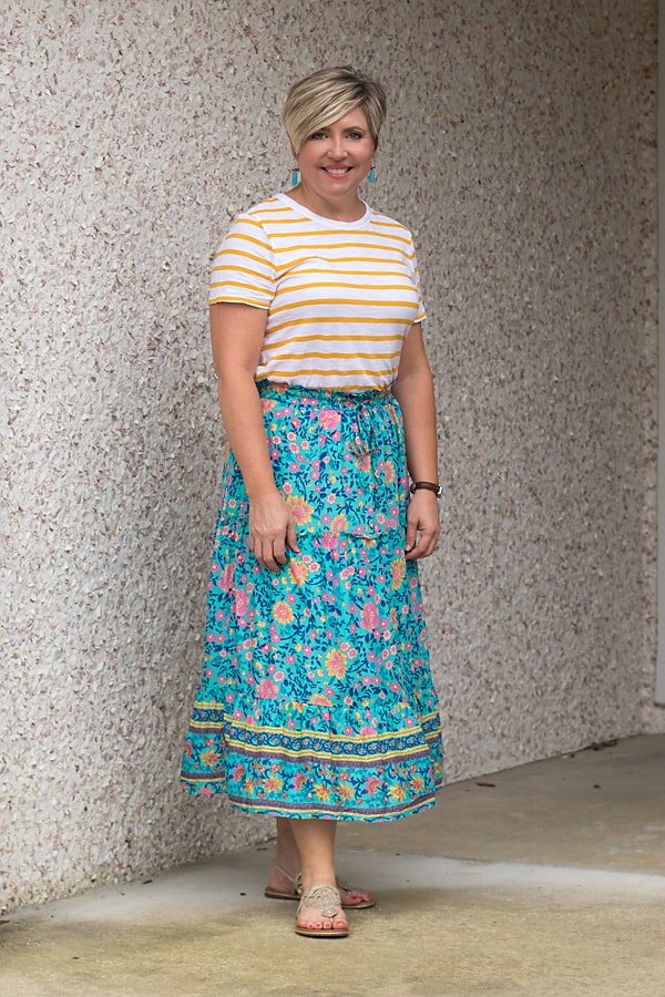 6 ways to wear a midi skirt- with a striped tee