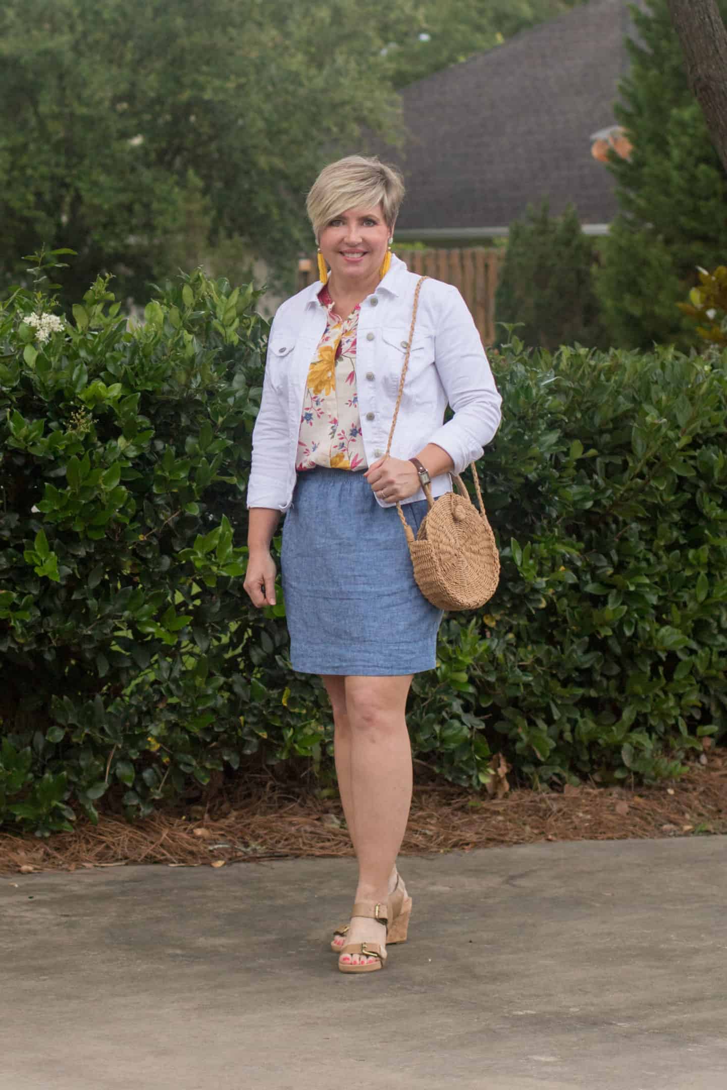 white denim jacket with chambray skirt