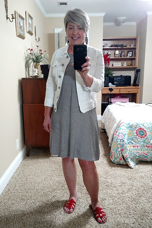 white denim jacket with striped dress