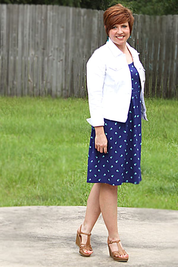 white denim jacket with sundress