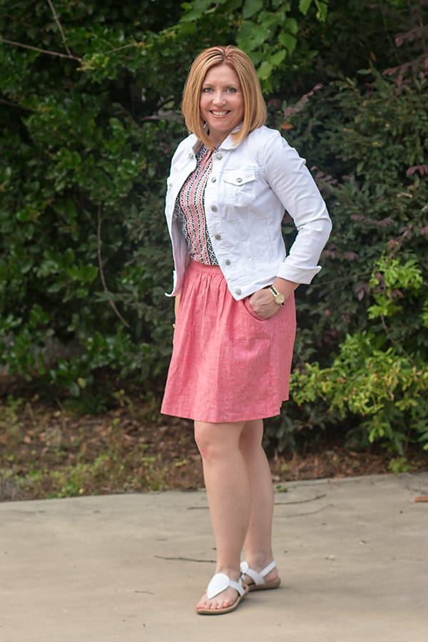 white denim jacket with skirt