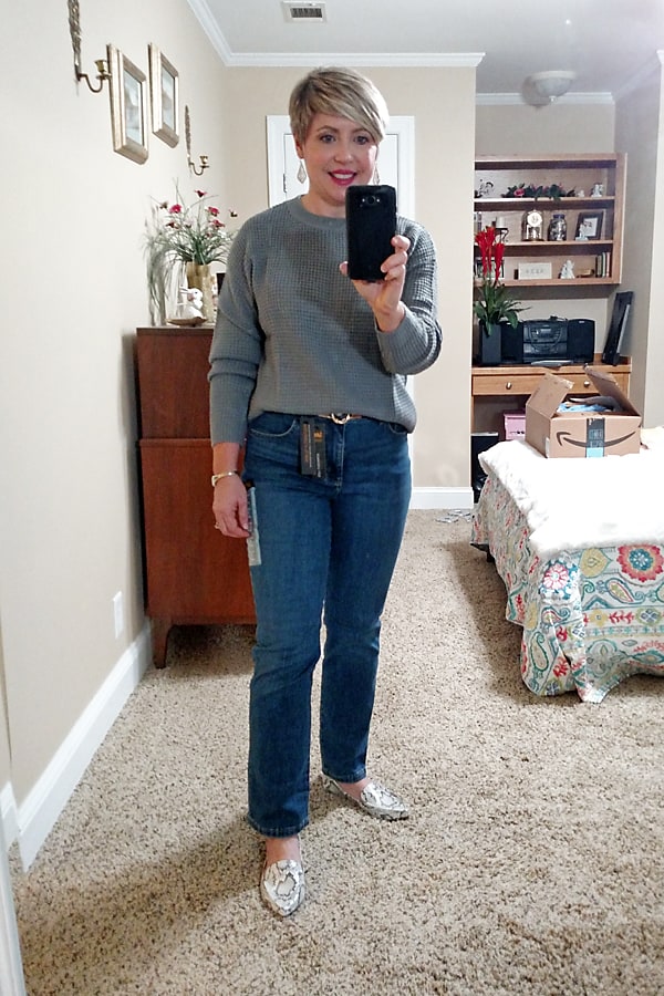 waffle knit sweater and straight leg jeans from Amazon