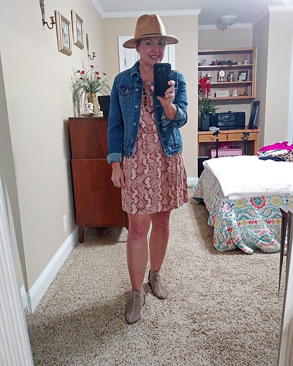 early fall outfit with summer dress and denim jacket