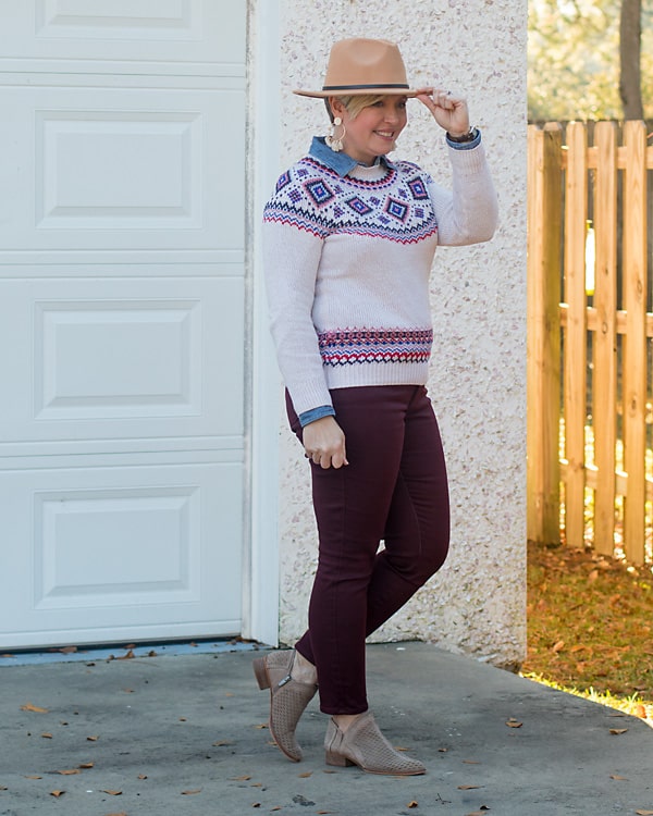 hat with sweater and jeans