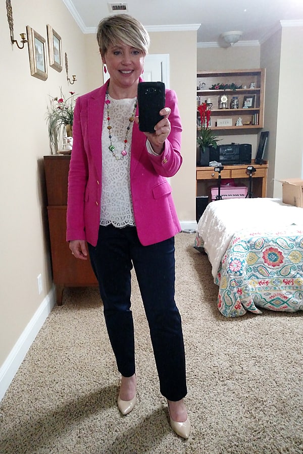 summer work wear outfit with hot pink blazer