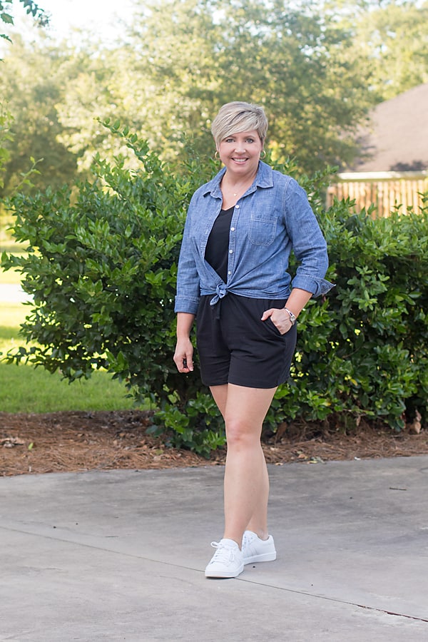 chambray shirt with romper outfit