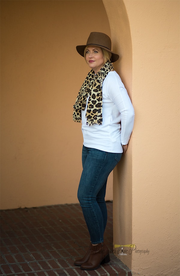 basic tee and jeans with a wool felt hat and scarf