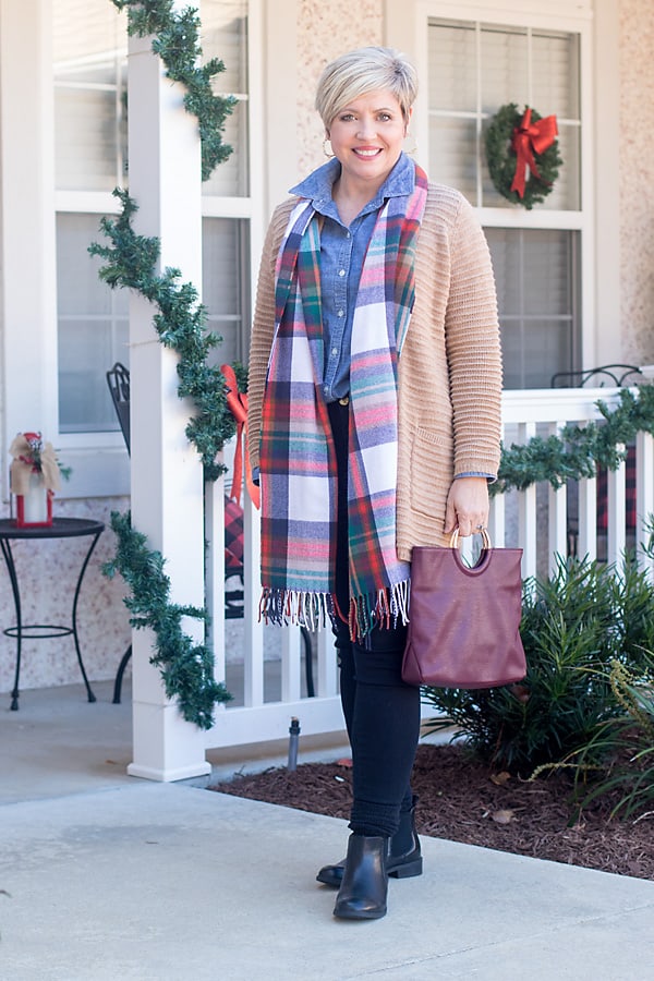 winter outfit with chambray shirt, cardigan and plaid scarf; comfy and cozy outfit