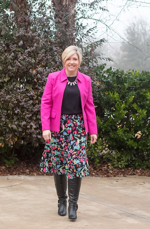 floral skirt and boots winter work outfit