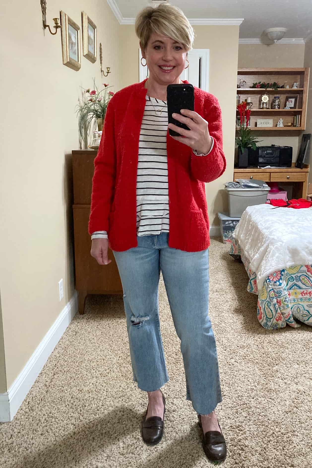 red cardigan outfit