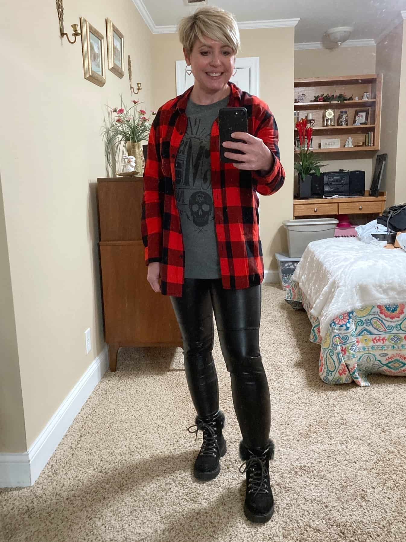 faux leather leggings and buffalo plaid shirt