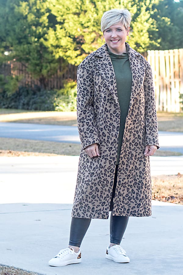 leopard print statement coat with athleisure outfit