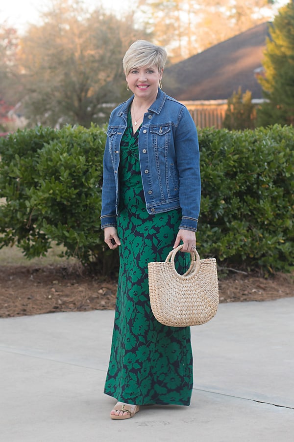 maxi dress with denim jacket outfit for spring
