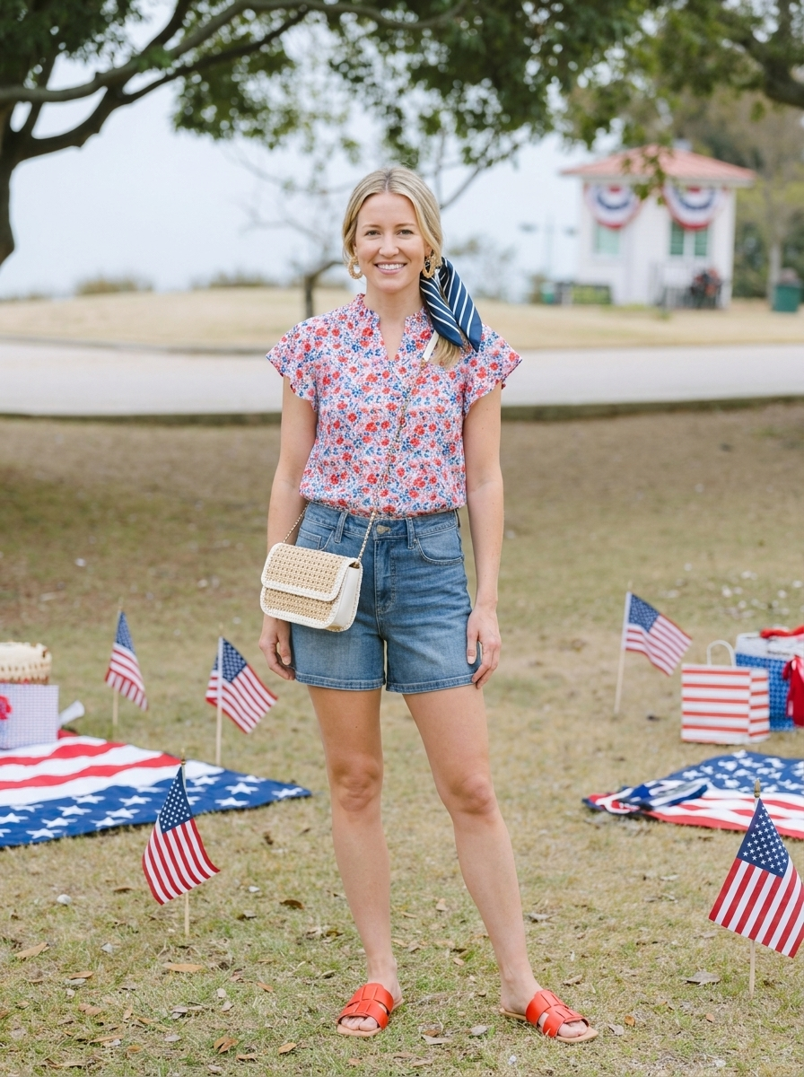 red, white and blue floral print top outfit