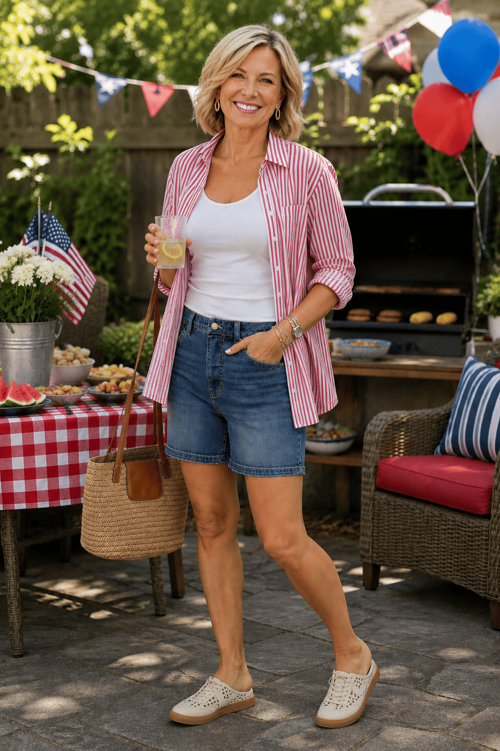 casual red, white and blue denim shorts outfit