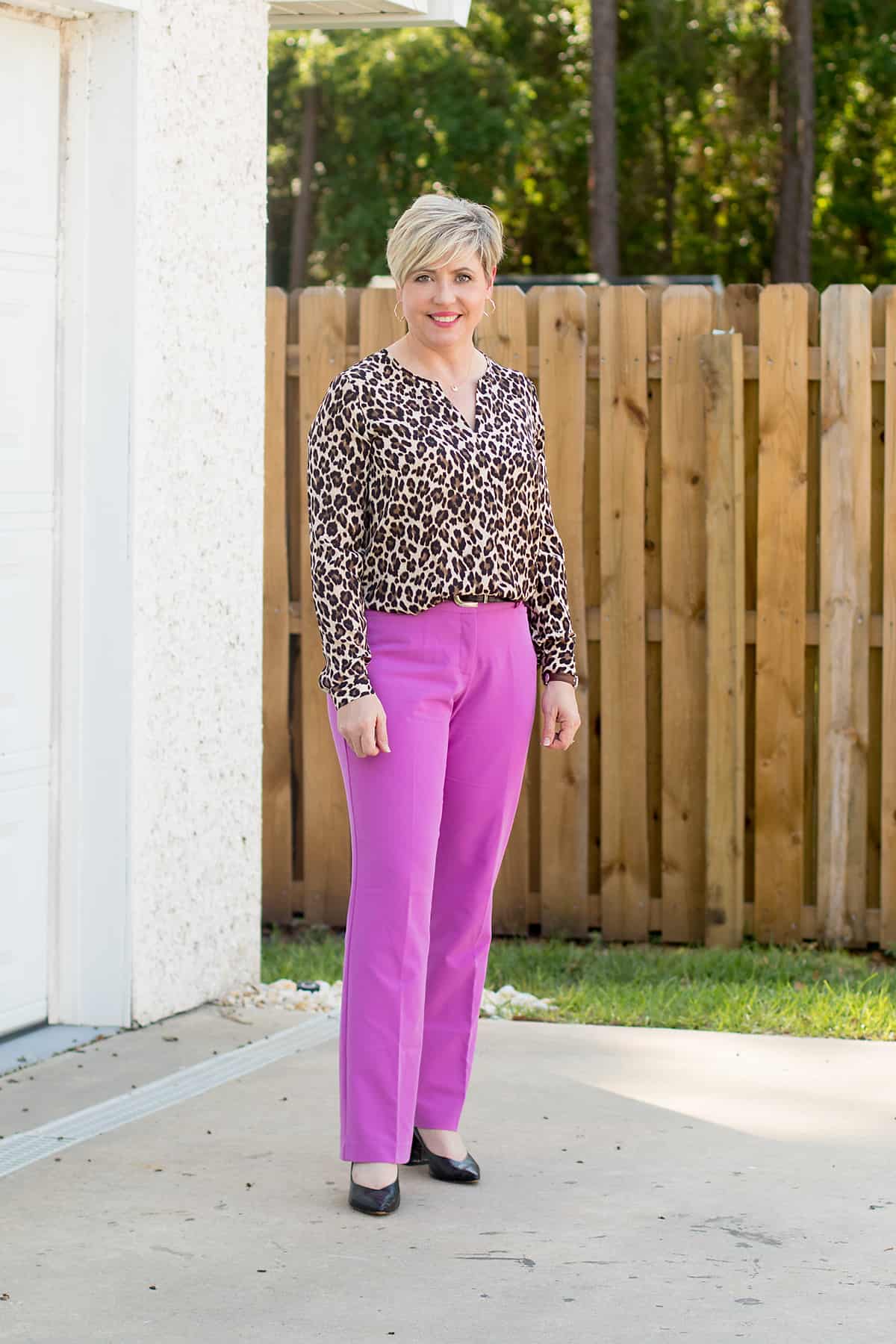 women's work wear outfit with leopard top and amethyst orchid pants