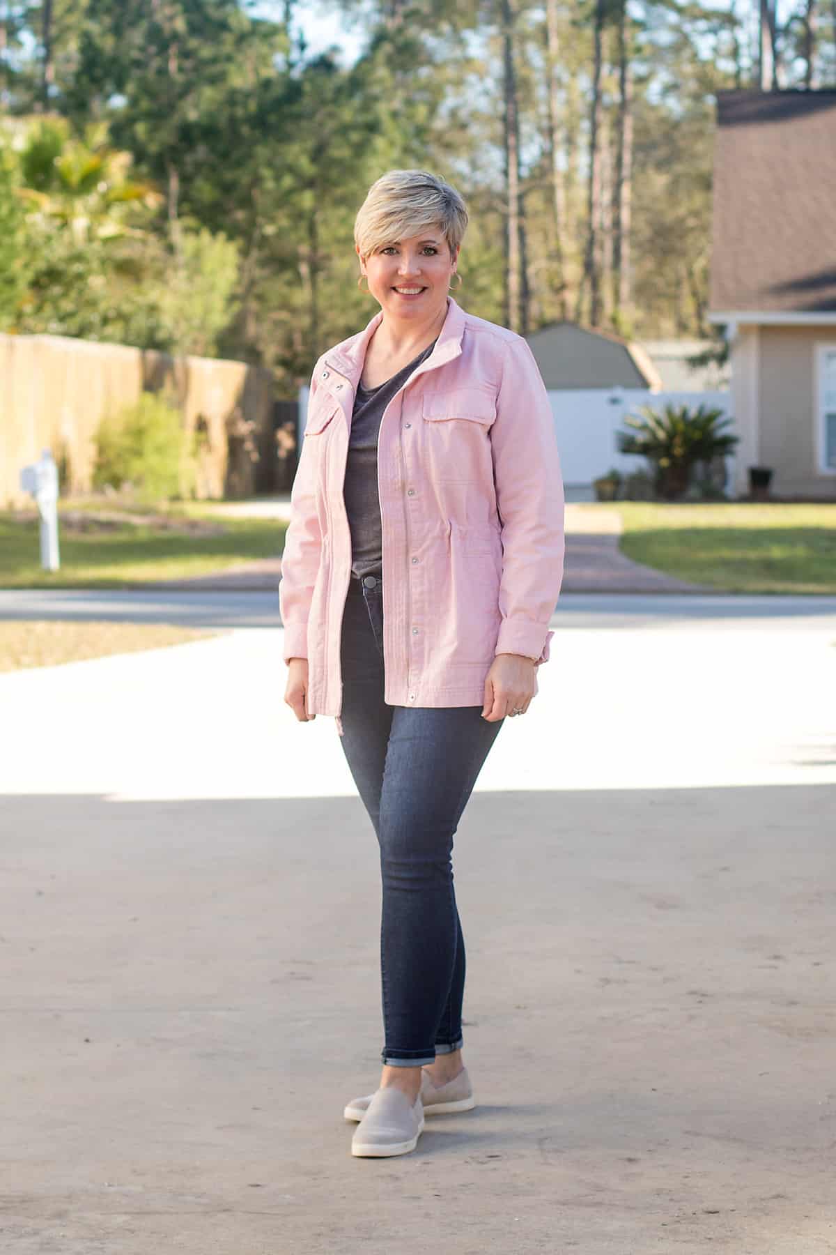 Raw Hem Jeans + Pink Faux Leather Jacket - Marblelously Petite