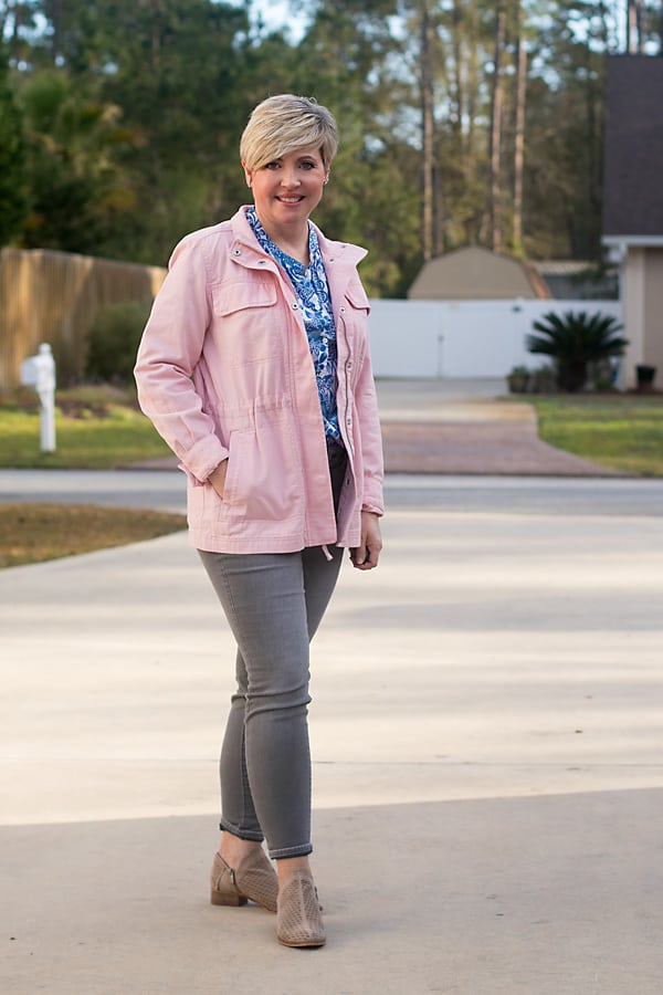 spring outfit with pink utility jacket